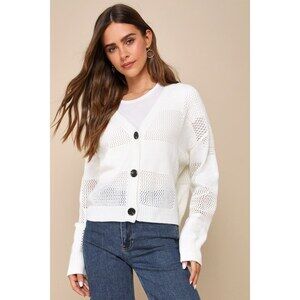 Lulus Charmingly Comfy Ivory Checkered Pointelle Long Sleeve Cardigan White